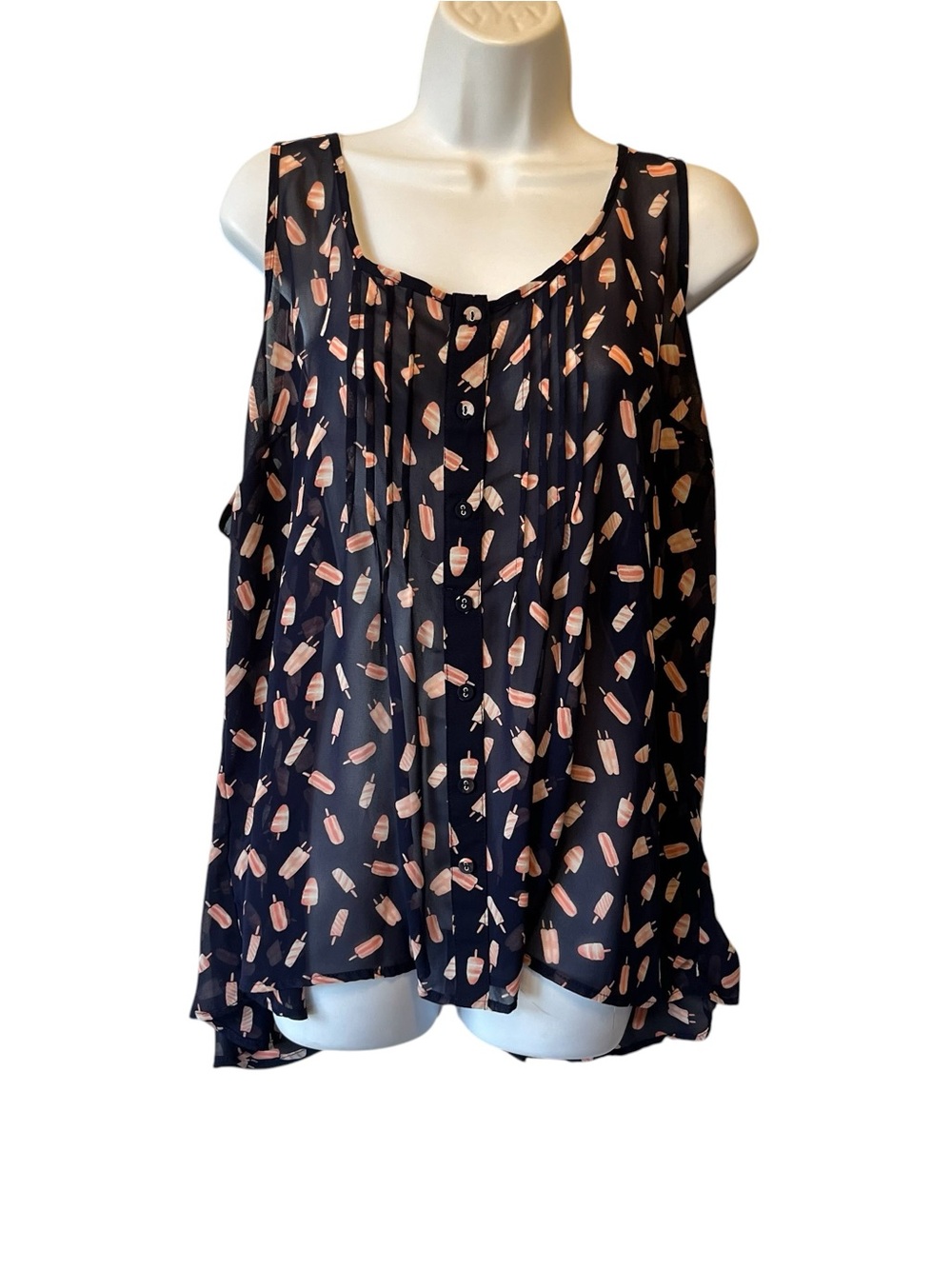 Torrid sheer tank top 3X Navy blue Ice cream bars Sleeveless Button front womens
